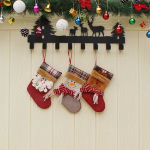 Christmas stocking set with Santa Snowman Reindeer and black metal wall hanger