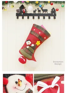 Detailed view of burlap Christmas stocking featuring a 3D plush snowman and plaid patches