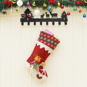 Red linen Christmas stocking with a 3D cartoon elk and snowflake pattern on the cuff