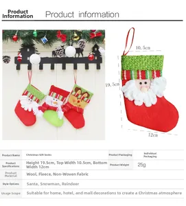 Detailed size specifications for Santa, Snowman, and Reindeer Christmas stockings with fabric info