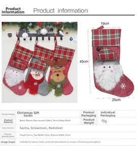 Detaillierte Größenangaben für Weihnachtsstrümpfe mit Weihnachtsmann-, Schneemann- und Rentier-Motiv