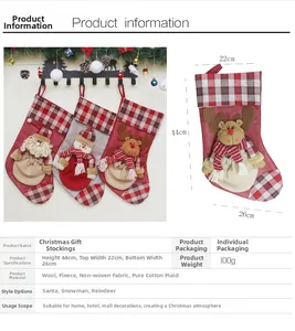 Guía de tallas de calcetines navideños y vista de estilo con dimensiones para bolsas de regalo