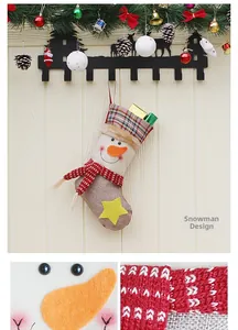Detail of a snowman style Christmas stocking with knit scarf and tartan fabric cuff