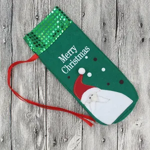 Green felt Christmas wine bottle gift bag with Santa Claus applique and sequins
