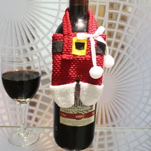 Christmas Santa pants wine bottle cover decoration with festive knit design and fur trim