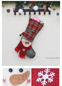 Detail der Weihnachtssocke mit 3D-Schneemann, rotem Strickschal und Schneeflocken-Stickerei