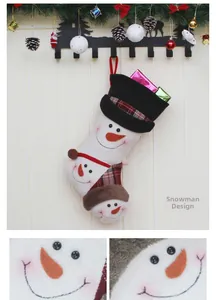 Details des Plüsch-Schneemann-Weihnachtsstrumpfs mit Karomuster und hängenden Geschenken