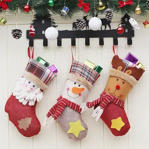 Handmade Christmas Stocking Gift Bag 3D Santa Snowman Reindeer Plaid Patchwork Xmas Hanging Ornament For Fireplace Home Holiday Party Decoration