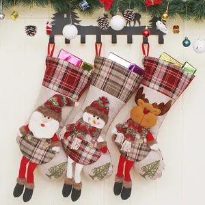 Calza di Natale Grande in Sacco a Quadri Con 3D Babbo Natale Pupazzo di Neve Renna Ornamento Sacco Regalo per Decorazioni