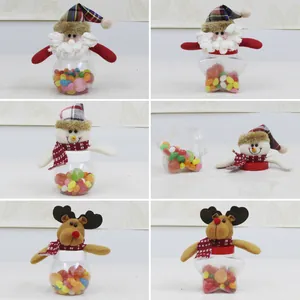 Pot à Bonbons de Noël en Plastique Transparent Bouteille de Rangement Avec Peluche Père Noël Bonhomme de Neige Renne Pour Enfants Cadeau de Fête Décoration