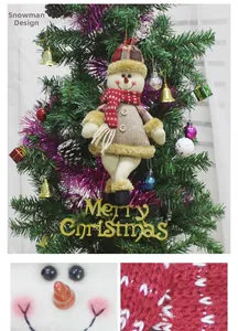 Detail of plush snowman ornament with Merry Christmas sign and festive red plaid hat