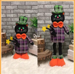 Détails des poupées chat noir d'Halloween avec chapeaux à carreaux et nœuds orange