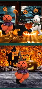 Detail von Halloween Plüschfiguren wie Kürbis, Geist und Katze mit karierten Schleifen