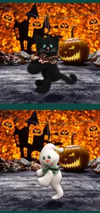 Details von Plüsch-Halloween-Geistern und schwarzen Katzen-Anhängern mit Schleifen