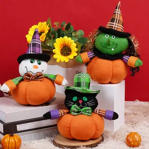 Poupée en Peluche Citrouille Halloween Décoration Sorcière Fantôme Chat Noir Chapeau Plaid Ornement de Table pour Fête