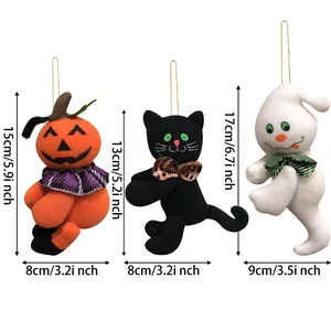 Detaillierte Größenangaben für Halloween Plüsch-Kürbis, Katze und Geist Deko-Anhänger