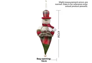 Christmas snowman hanging stocking with red plaid hat and dimensions of 47cm tall