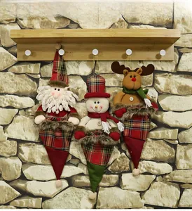 Hanging Christmas decorations set featuring Santa, snowman and elk in plaid fabric
