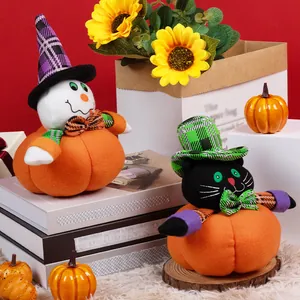Figurines d'Halloween en peluche citrouille avec bonhomme de neige et chat pour déco