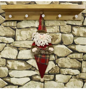 Close-up of Santa Claus hanging ornament with red plaid fabric and beaded beard detail
