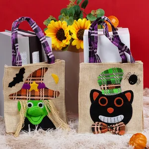 Bolsas de yute para dulces de Halloween con bruja y gato negro para decoraciones festivas