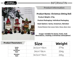 Detail view of sitting Santa, Snowman, and Reindeer dolls with plaid clothes and scarf