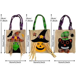Set de 3 bolsas de regalo de Halloween en yute con bruja, calabaza y gato negro