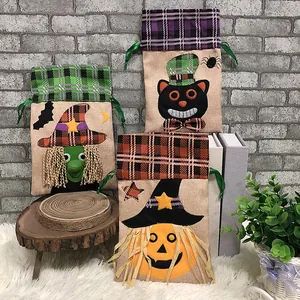Three-piece Halloween burlap drawstring gift bags with witch, cat and pumpkin embroidery