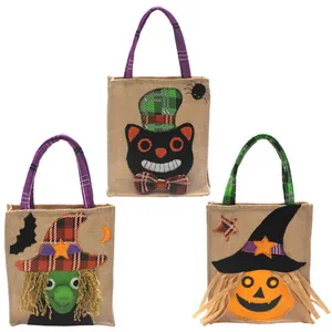Bolsas de Halloween de yute para niños con diseños de gato negro bruja y calabaza para dulces