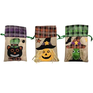 Halloween burlap gift bags set with pumpkin, witch, and cat designs for candy storage