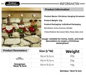 Detailed sizing chart and material specs for Santa and Snowman plush tree ornaments