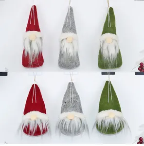 Set of 6 Christmas gnome plush ornaments in red, green and grey with hanging strings