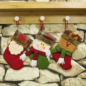 Mini Christmas Stocking Decoration Non-Woven Fabric 3D Santa Snowman Reindeer Plaid Cuff Hanging Ornament Candy Gift Bag