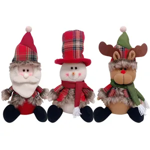 Three-piece Christmas plush set featuring Santa, snowman, and reindeer in plaid outfits