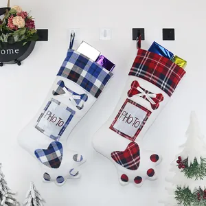 Pet Paw Christmas Stocking With DIY Photo Frame Slot Plaid Bone Heart Hanging Decoration Holiday Party Gift Bag