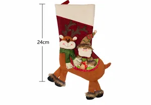 Close-up of reindeer Christmas stocking with plush embroidery and 24cm height detail
