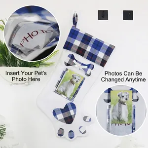Dog paw Christmas stocking with photo frame and plaid pattern for festive tree decor