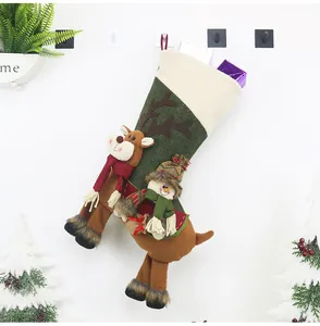 Detailed view of Christmas stockings with 3D reindeer and snowman gift bag hanging