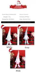 Detailed specs of polyester Christmas gnomes with knit sequins and long legs