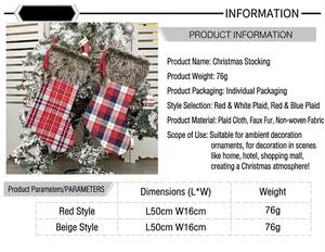 Detailed view of large plaid Christmas stockings with plush faux fur cuff and pom-poms