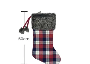 50cm Christmas stocking with red plaid pattern and grey faux fur trim hanging detail