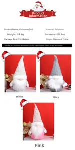 Christmas gnome doll specs showing polyester material, weights and color variations