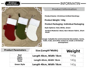 Detailed size chart for knitted Christmas stockings in red, white and green colors