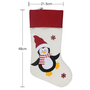 Calza natalizia con motivo a pinguino e ricamo di fiocchi di neve rossi, 48 cm