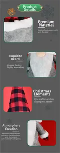 Detail of Christmas gnome topper featuring red plaid polyester hat and soft fiber beard