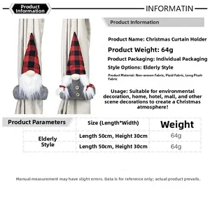 Size chart for Gnome Christmas curtain buckle featuring red plaid cap and white beard