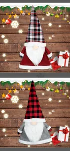 Detail of plush Christmas gnome tree toppers in red and grey buffalo plaid hats