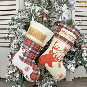 Christmas Stocking Decoration Reindeer Snowflake Buffalo Plaid Candy Gift Bag With Hanging Loop For Xmas Home Party Decor