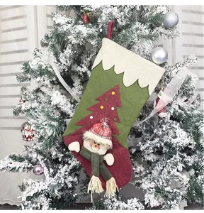 Close-up of a festive Christmas stocking with a 3D snowman and embroidered tree design