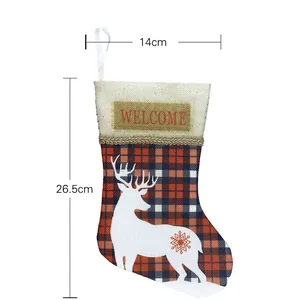 Classic red plaid Christmas stocking with reindeer pattern and Welcome label, 26.5x14cm size